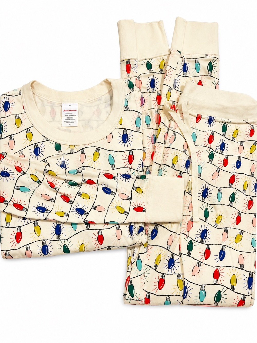 Hanna Andersson 100% Organic Cotton Cream PJ Set w/ Multi-Color Holiday Lights